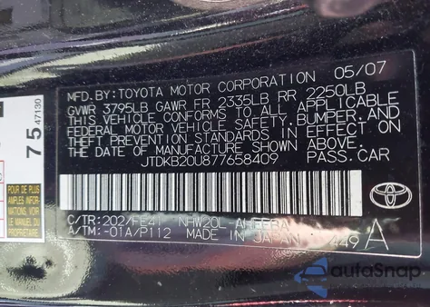 2007 Toyota Prius from USA, damaged, VIN JTDKB20U877658409